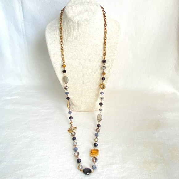 Multi Media Chain Opera Necklace Brass Tone Chains With Beads & Rhinestones - Picture 2 of 7